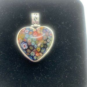 Vintage Sterling Silver Heart Shaped Pendant W/Multi Colored Flowers